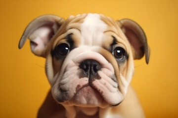 French Bulldog baby puppy pet with a happy face with curious sad eyes on yellow background. Cute animal concept. Advertising postcards. Generative AI Technology