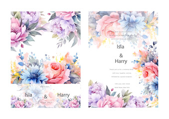 Watercolor wedding invitation template. Beautiful roses wedding card incitation.