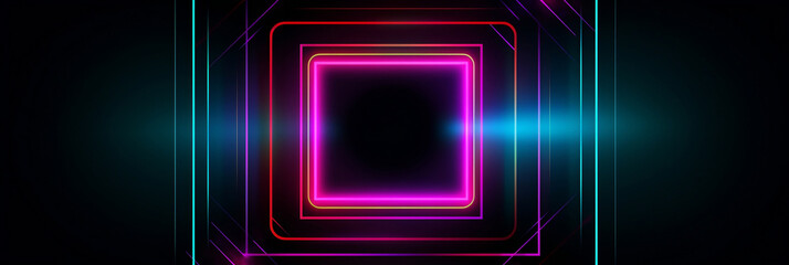 abstract colorful neon background with a square frame, banner, generative AI