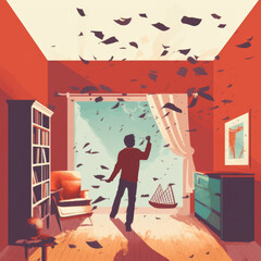 A person throwing things in their room out of anger. Psychology art concept. AI generation