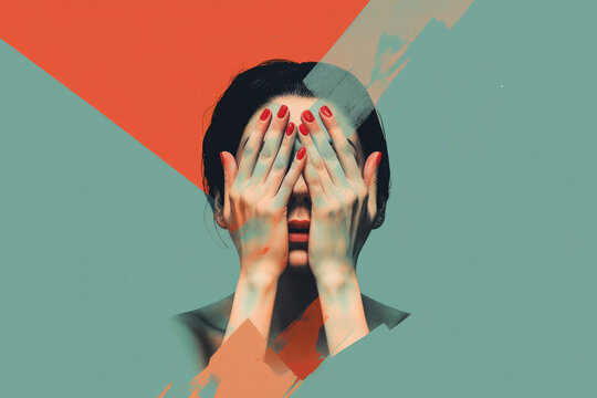 A person with a pained expression looking down at their intertwined hands. Psychology art concept. AI generation