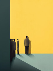 A person standing in a corner looking away from a group of people and trying to become invisible. Psychology art concept. AI generation