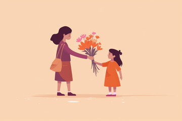 A young child giving a small bouquet of flowers to someone they love. Psychology art concept. AI generation