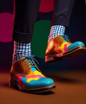 Funny colorful shoes and stylish socks on mens feet. Fashionable fotwear. Generative Ai image
