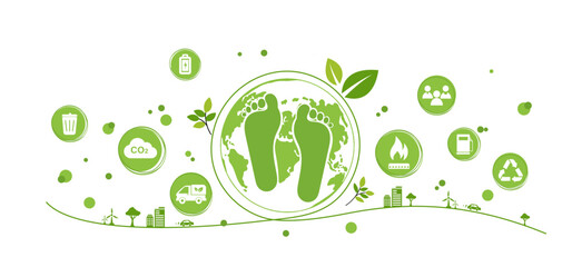 Fototapeta na wymiar Carbon footprint concept with icon and infographic, measure huge foot, the impact of carbon pollution, Co2 emission in environment, carbon dioxide effect on planet ecosystem. Vector illustration.