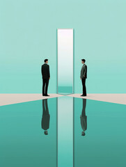 A person standing in front of a twoway mirror but looking away from their own reflection. Psychology art concept. AI generation