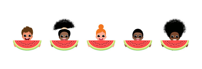 Group of children of different nationalities eating sweet watermelon.