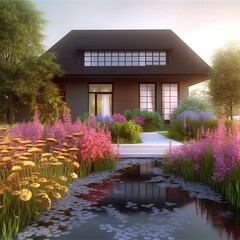 Fototapeta premium Casa da sogno con bellissimo giardino e laghetto