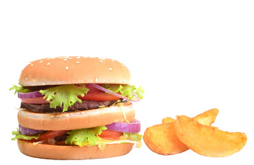 Hamburger and potato isolated on white