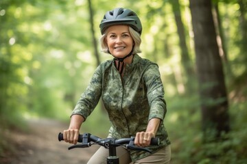 Fototapeta premium Close-up portrait photography of a glad mature girl riding an electric scooter against a forest background. With generative AI technology