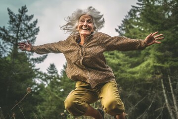 Photography in the style of pensive portraiture of a satisfied old woman jumping with hands up against a forest background. With generative AI technology