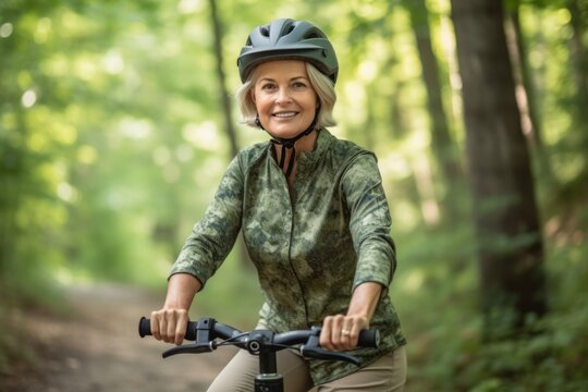 Close-up portrait photography of a glad mature girl riding an electric scooter against a forest background. With generative AI technology
