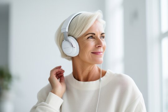 Medium shot portrait photography of a satisfied mature woman listening to music with headphones against a minimalist or empty room background. With generative AI technology