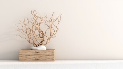 Podium and dry tree twigs branch with white sand beach on white background. Generative ai