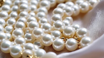 Beautiful pearls on white silk, top view. Generative ai