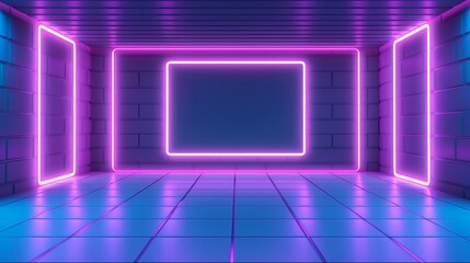 Neon background. Empty room with futuristic wall panels h. Generative ai