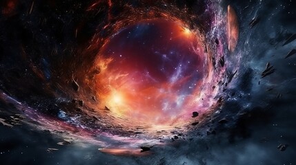 Fototapeta na wymiar Magical fantasy black hole portal in the space with colorful nebula. Generative ai
