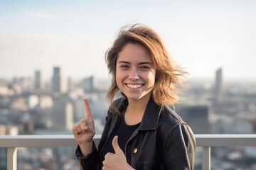 Medium shot portrait photography of a glad girl in her 30s showing ok gesture against a city skyline background. With generative AI technology