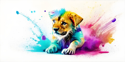 Lion playing in colorful water color , dirty with color splash Generative AI.