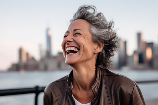 Lifestyle portrait photography of a satisfied mature woman laughing against a city skyline background. With generative AI technology