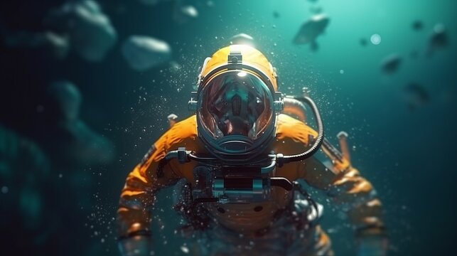 Illustration of a diver exploring the underwater world in a diving suit. Generative ai
