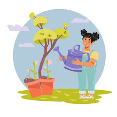 Girl doing gardening in summer, flat vector illustration isolated on white background. Summer banner or label, sticker design with child who growing trees.