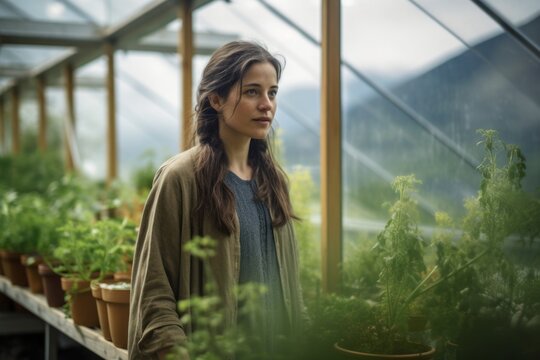 Lifestyle portrait photography of a glad girl in her 30s growing plants in a greenhouse against a mountain range background. With generative AI technology