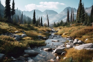 River in the mountains surrounded by trees created with Generative AI technology