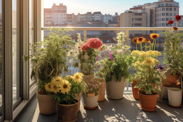 Fototapeta na wymiar Wildflowers in pots on the balcony of a house created with Generative AI technology