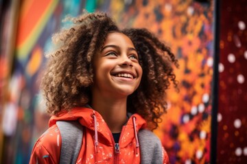 Fototapeta premium Lifestyle portrait photography of a satisfied kid female smiling against a colorful graffiti wall background. With generative AI technology