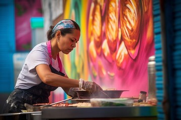 Photography in the style of pensive portraiture of a tender mature woman cooking on a grill against a colorful graffiti wall background. With generative AI technology