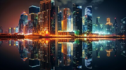 Fototapeta na wymiar modern city skyline at night, colorful lights, generative ai