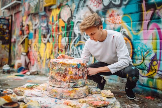 Full-length portrait photography of a tender boy in his 30s making a cake against a colorful graffiti wall background. With generative AI technology