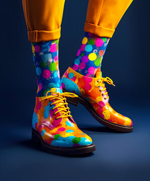 Funny colorful shoes and stylish socks on mens feet. Fashionable fotwear. Generative Ai image