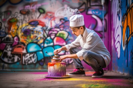 Full-length portrait photography of a tender boy in his 30s making a cake against a colorful graffiti wall background. With generative AI technology