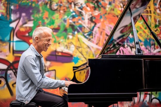 Environmental portrait photography of a satisfied mature man playing the piano against a colorful graffiti wall background. With generative AI technology