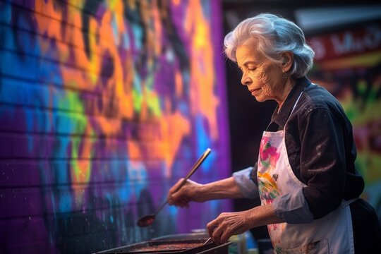 Photography in the style of pensive portraiture of a tender mature woman cooking on a grill against a colorful graffiti wall background. With generative AI technology
