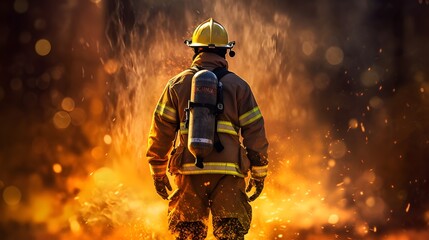Back View of a Firefighter Against Fiery Background - obrazy, fototapety, plakaty