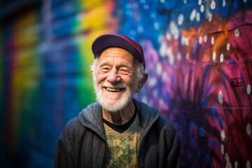 Fototapeta premium Environmental portrait photography of a glad old man smiling against a colorful graffiti wall background. With generative AI technology