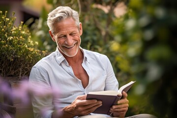 Obraz premium Close-up portrait photography of a happy mature man reading a book against a lush garden background. With generative AI technology