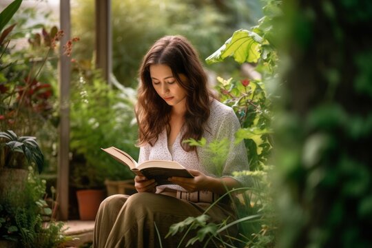 Environmental portrait photography of a glad girl in her 30s reading a book against a lush garden background. With generative AI technology