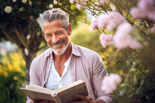 Close-up portrait photography of a happy mature man reading a book against a lush garden background. With generative AI technology