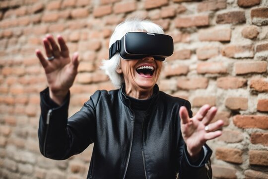 Medium shot portrait photography of a grinning mature woman playing with virtual reality mask against a brick wall background. With generative AI technology