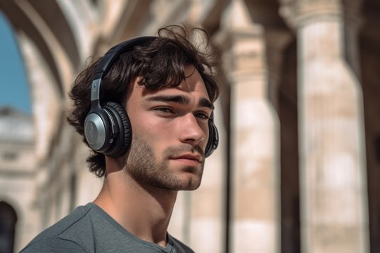 Close-up portrait photography of a glad boy in his 30s listening to music with headphones against a historical monument background. With generative AI technology