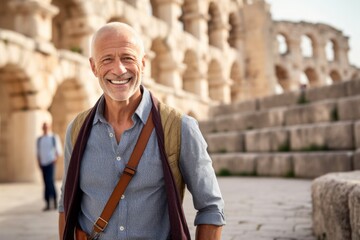 Medium shot portrait photography of a grinning mature man walking against a historical monument background. With generative AI technology