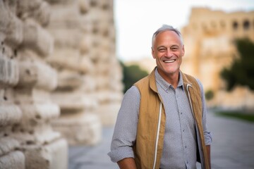 Obraz premium Medium shot portrait photography of a grinning mature man walking against a historical monument background. With generative AI technology