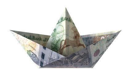 Twenty Egyptian pounds , Egypt currency 20 LE EGP money banknotes , paper boat 3D illustration - obrazy, fototapety, plakaty
