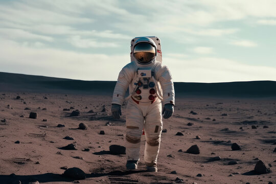 The astronaut on the surface of the planet, in a white space suit. Astronaut standing on an unknown planet Generative AI