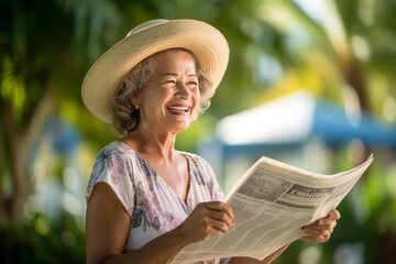Fototapeta premium Environmental portrait photography of a grinning mature woman reading the newspaper against a tropical island background. With generative AI technology