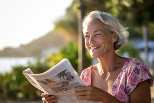 Environmental portrait photography of a grinning mature woman reading the newspaper against a tropical island background. With generative AI technology
